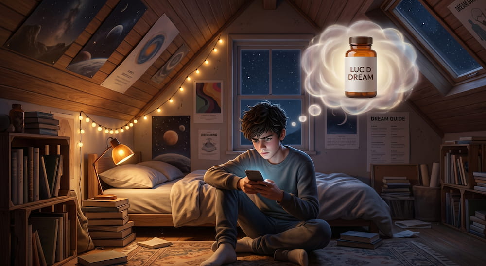 Beginner researching lucid dreaming supplements on a smartphone late at night.