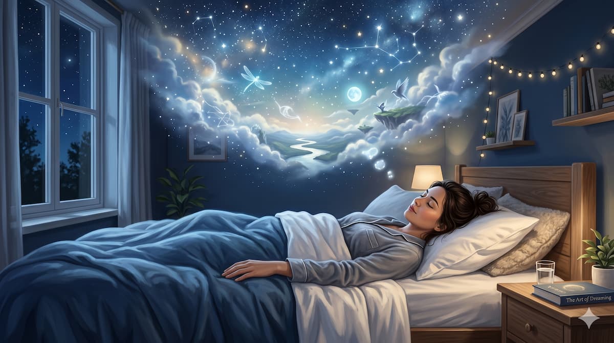 Relaxed person lying peacefully in bed while dreamlike imagery forms naturally above them.