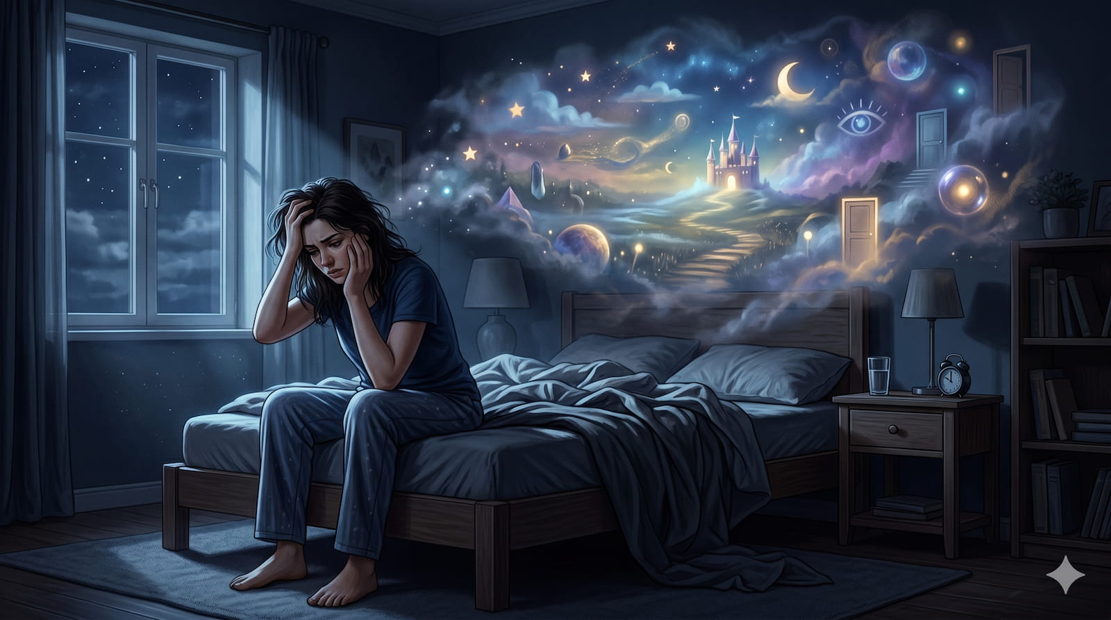 Frustrated person sitting on a bed struggling to have a lucid dream while dreamlike imagery appears in the background.